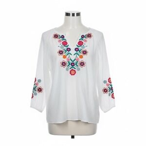 Talbots Womens Small White Cotton Gauze Floral Embroidered Peasant Blouse Top